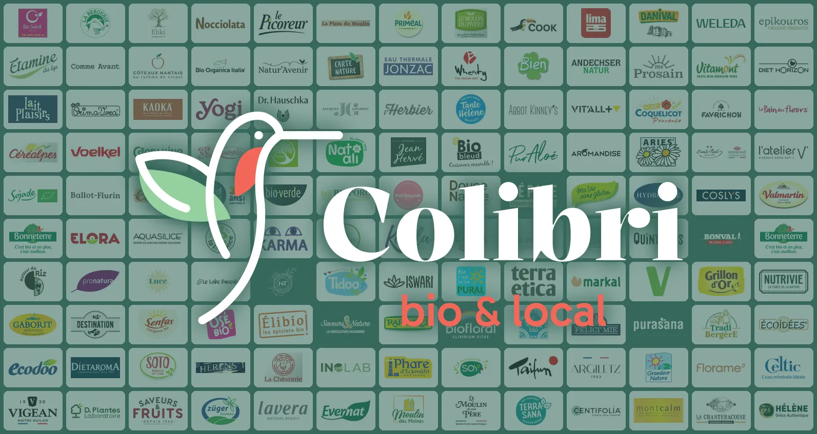 Mosaïque de logos de marques bio présentes chez Colibri, avec le logo Colibri bio & local au centre