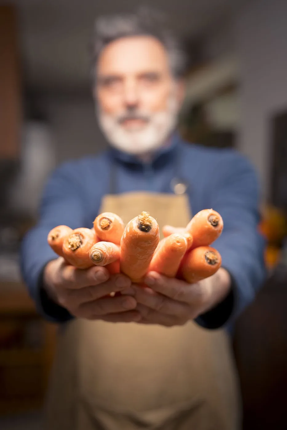 Carottes bio dans les mains de Patrick Pradère, de 100 % Végétal