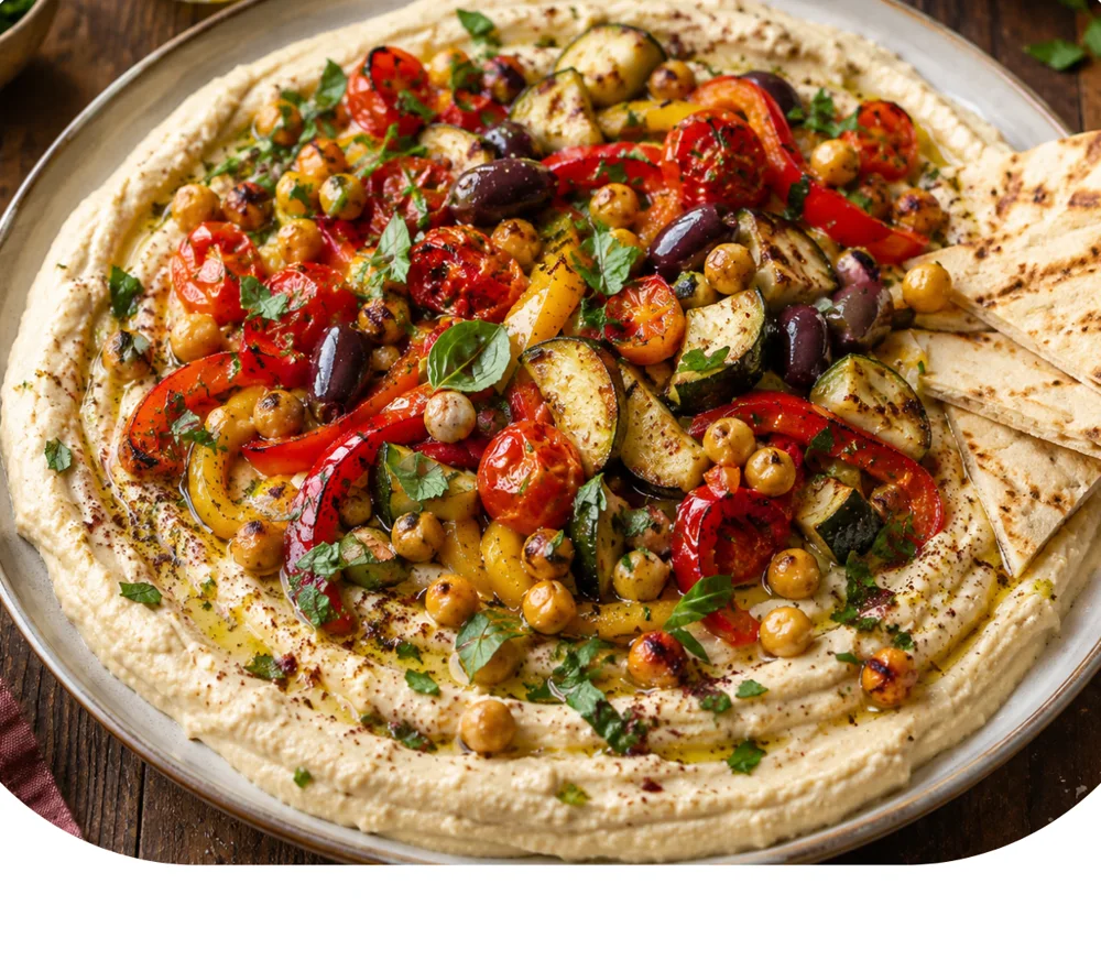 Houmous complet aux légumes rôtis et pois chiches croustillants