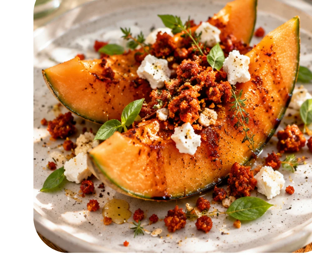 Melon grillé au crumble de chorizo et chèvre frais
