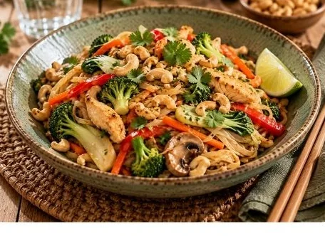 Wok de nouilles de riz, poulet et légumes